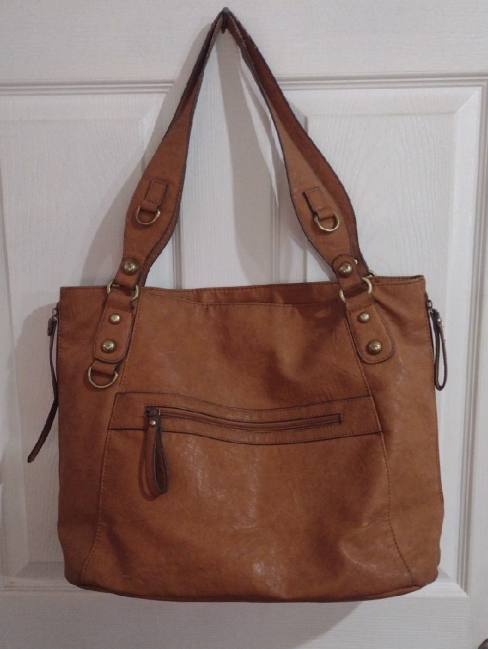 Bueno Tan Shoulder Tote Bag with Brass Accents